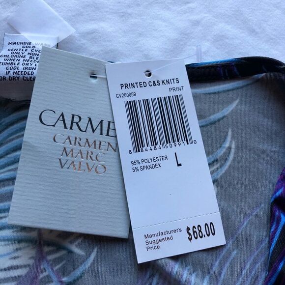 Carmen beautiful multi-color blouse 3/4 sleeve blk/purp/grn twist at neck NWT L - Picture 5 of 7